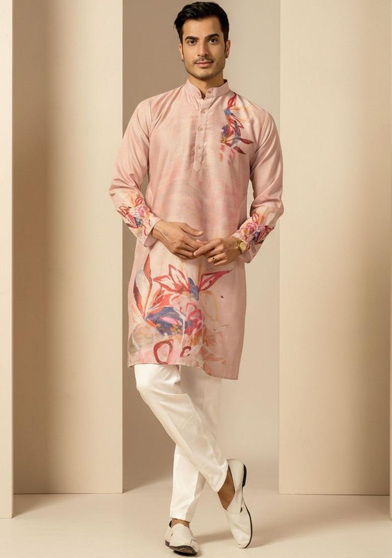 Pink Printed Silk Kurta Set For Men - Indya