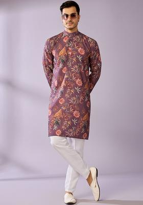 Purple Printed Cotton Kurta Set For Men