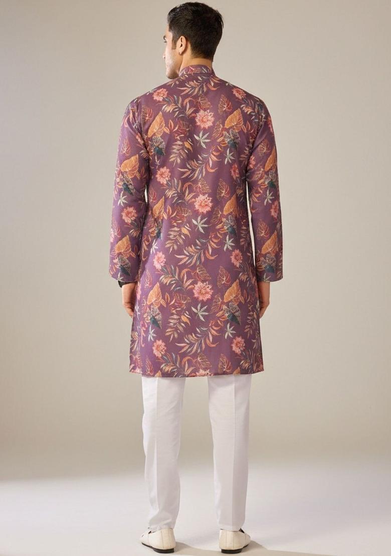 Purple Printed Cotton Kurta Set For Men - Indya