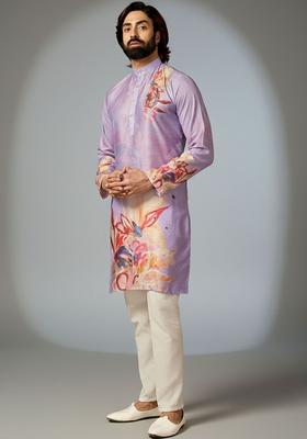 Purple Printed Silk Kurta Set For Men