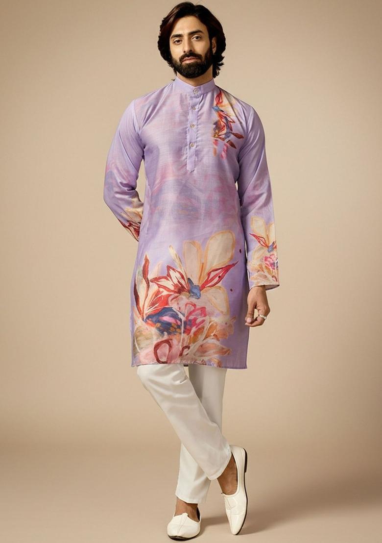 Purple Printed Silk Kurta Set For Men - Indya