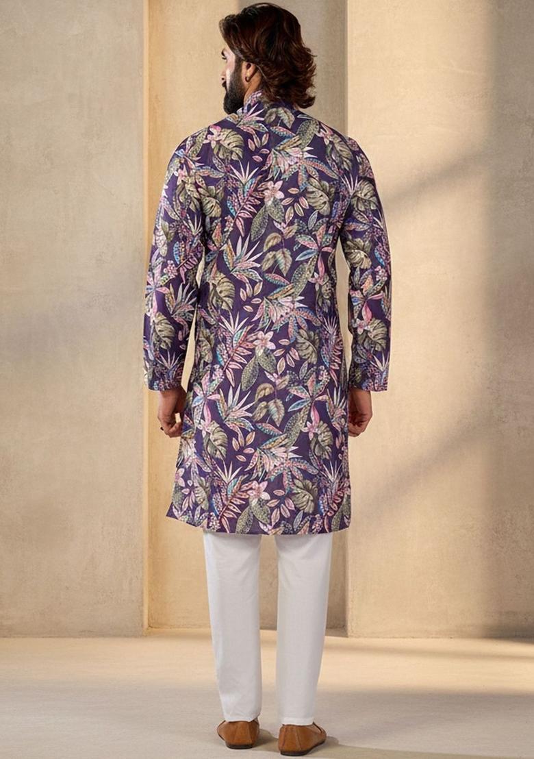 Purple Printed Cotton Kurta Set For Men - Indya