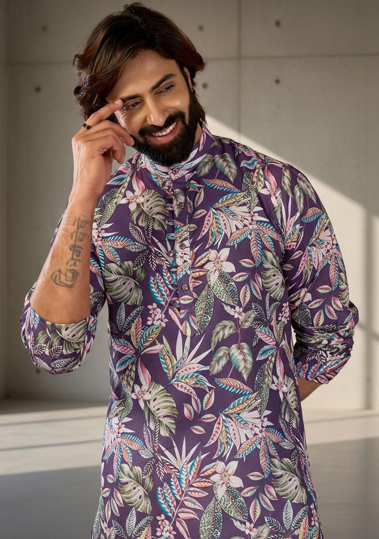 Purple Printed Cotton Kurta Set For Men - Indya