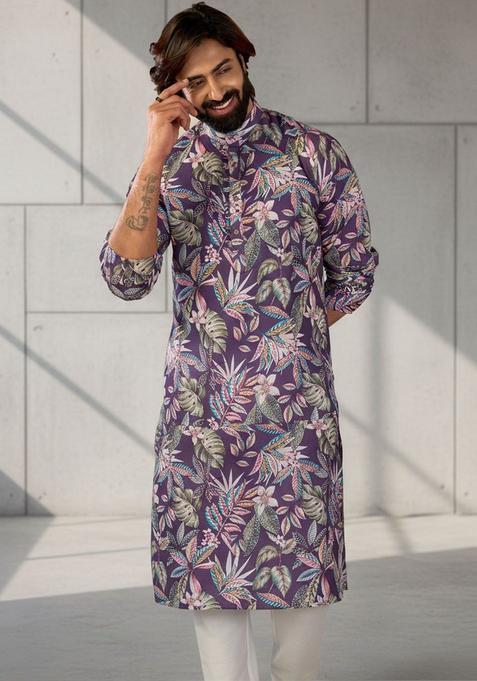 Purple Printed Cotton Kurta Set For Men
