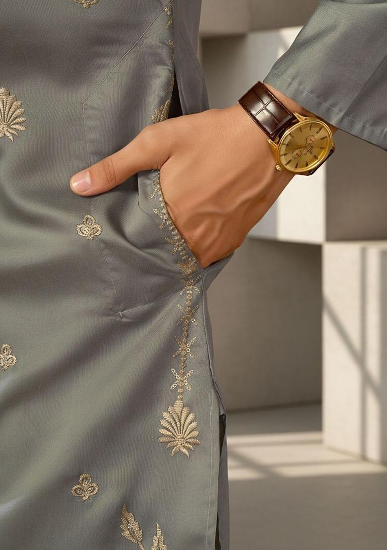 Grey Embroidered Silk Kurta Set For Men - Indya