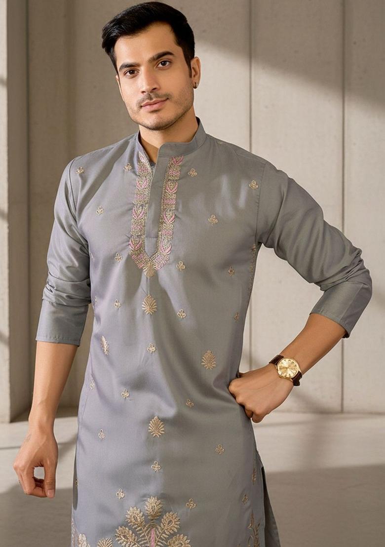 Grey Embroidered Silk Kurta Set For Men - Indya