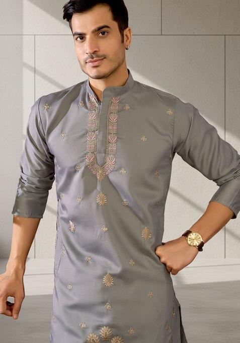 Grey Embroidered Silk Kurta Set For Men
