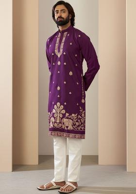 Purple Embroidered Silk Kurta Set For Men