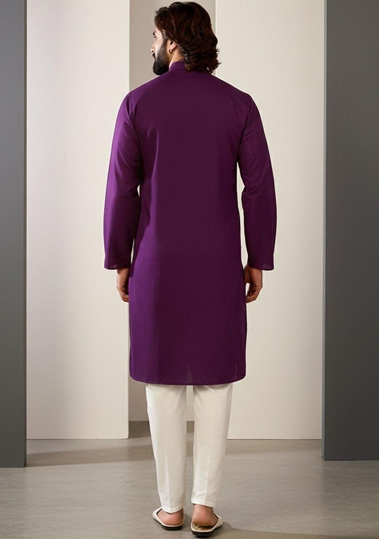 Purple Embroidered Silk Kurta Set For Men - Indya