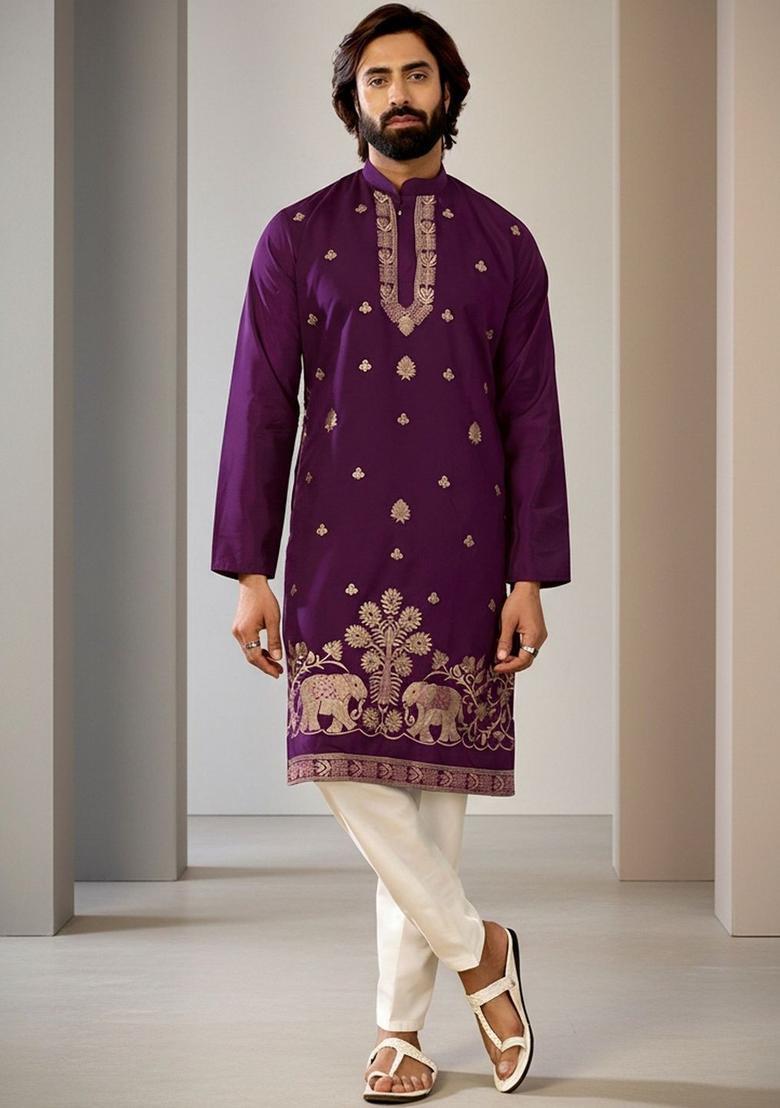 Purple Embroidered Silk Kurta Set For Men - Indya