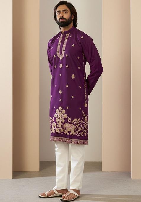 Purple Embroidered Silk Kurta Set For Men