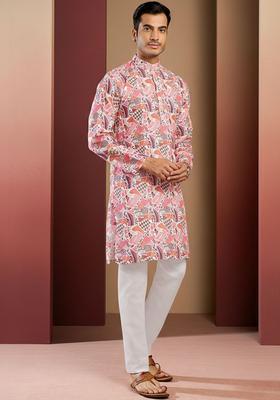 Pink Printed Silk Kurta Set For Men
