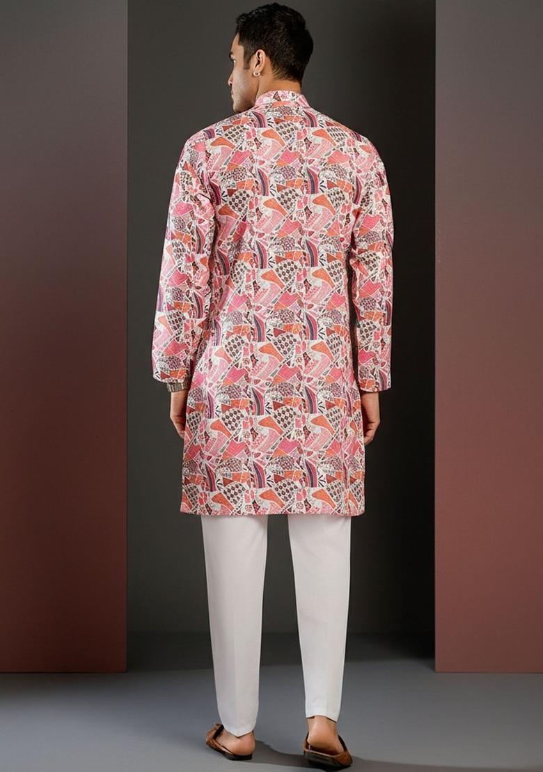 Pink Printed Silk Kurta Set For Men - Indya