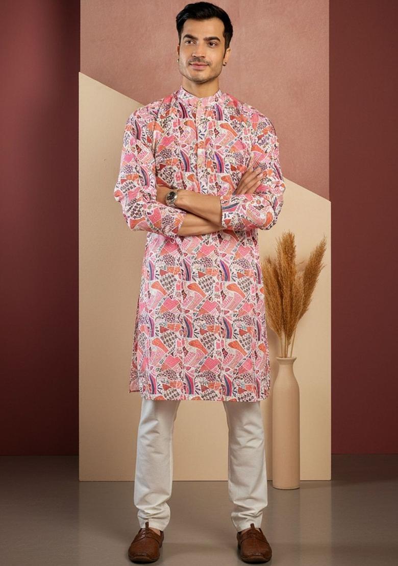 Pink Printed Silk Kurta Set For Men - Indya