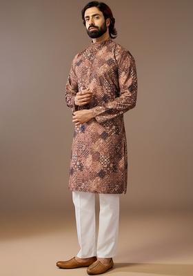 Brown Printed Cotton Kurta Set For Men