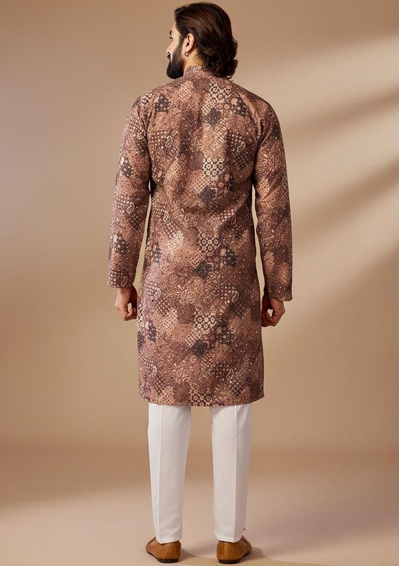 Brown Printed Cotton Kurta Set For Men - Indya