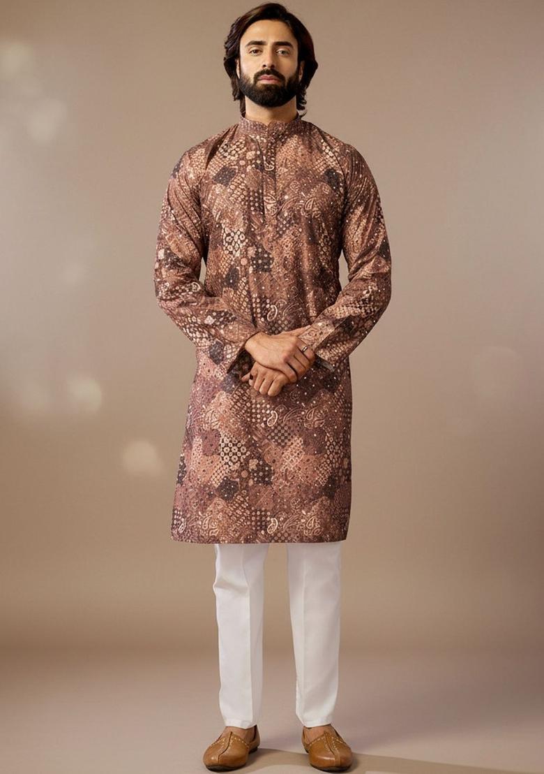 Brown Printed Cotton Kurta Set For Men - Indya