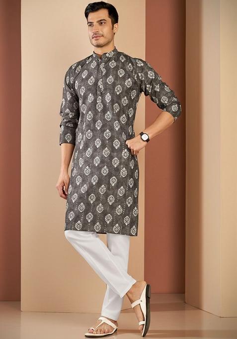Grey Printed Silk Kurta Set For Men