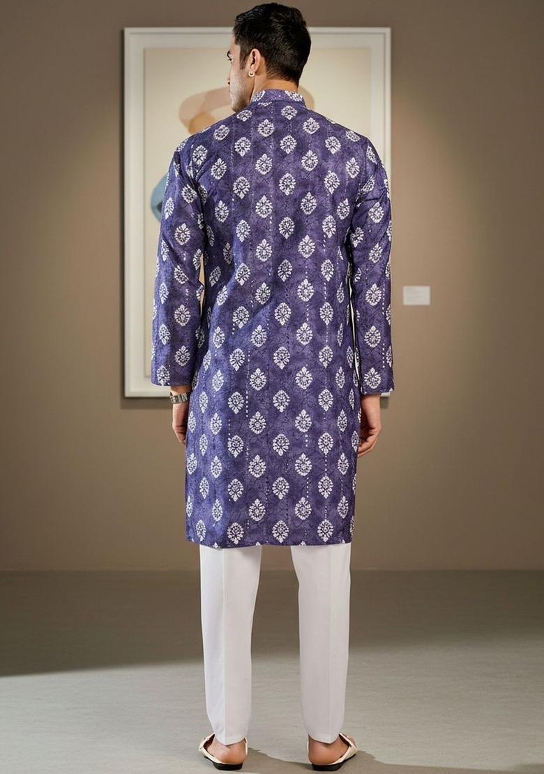 Purple Printed Cotton Kurta Set For Men - Indya