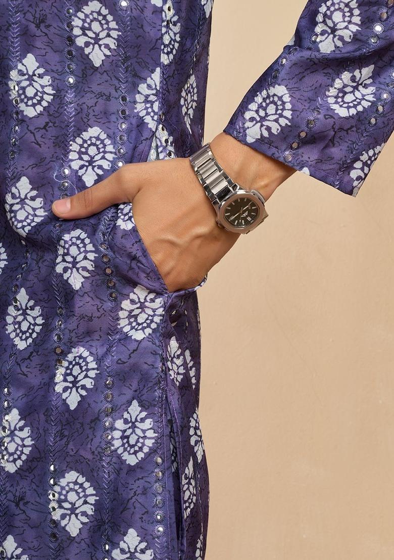Purple Printed Cotton Kurta Set For Men - Indya