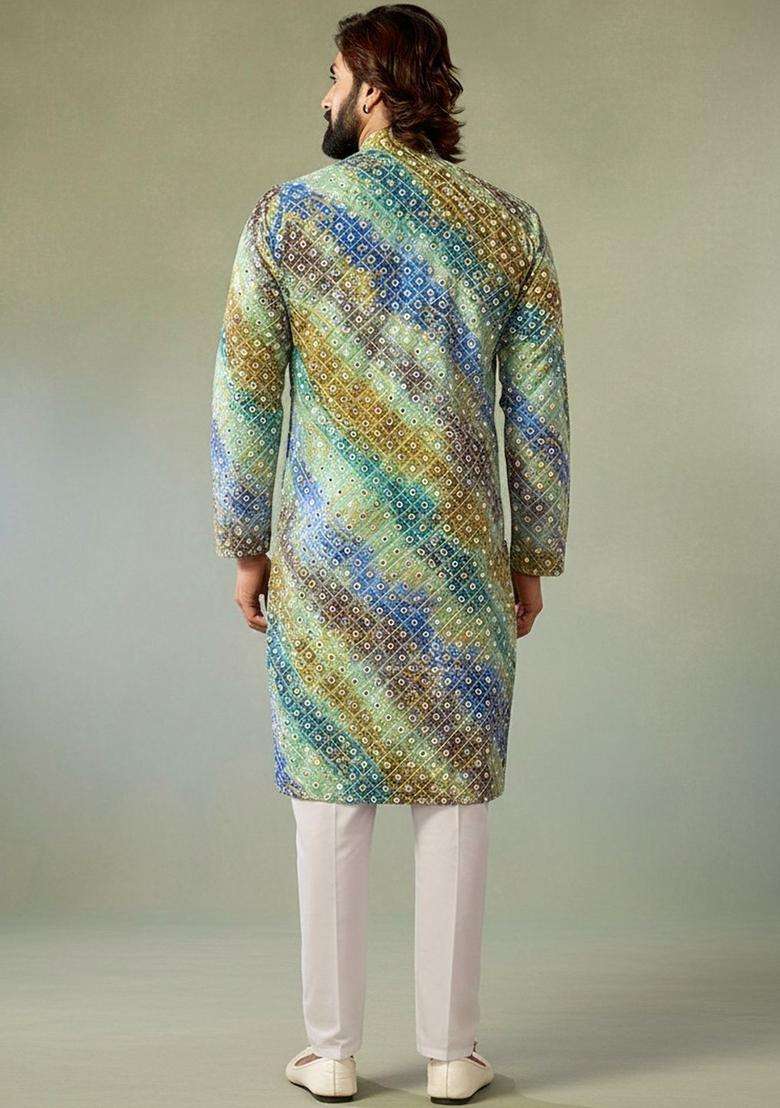 Multi Printed Silk Kurta Set For Men - Indya