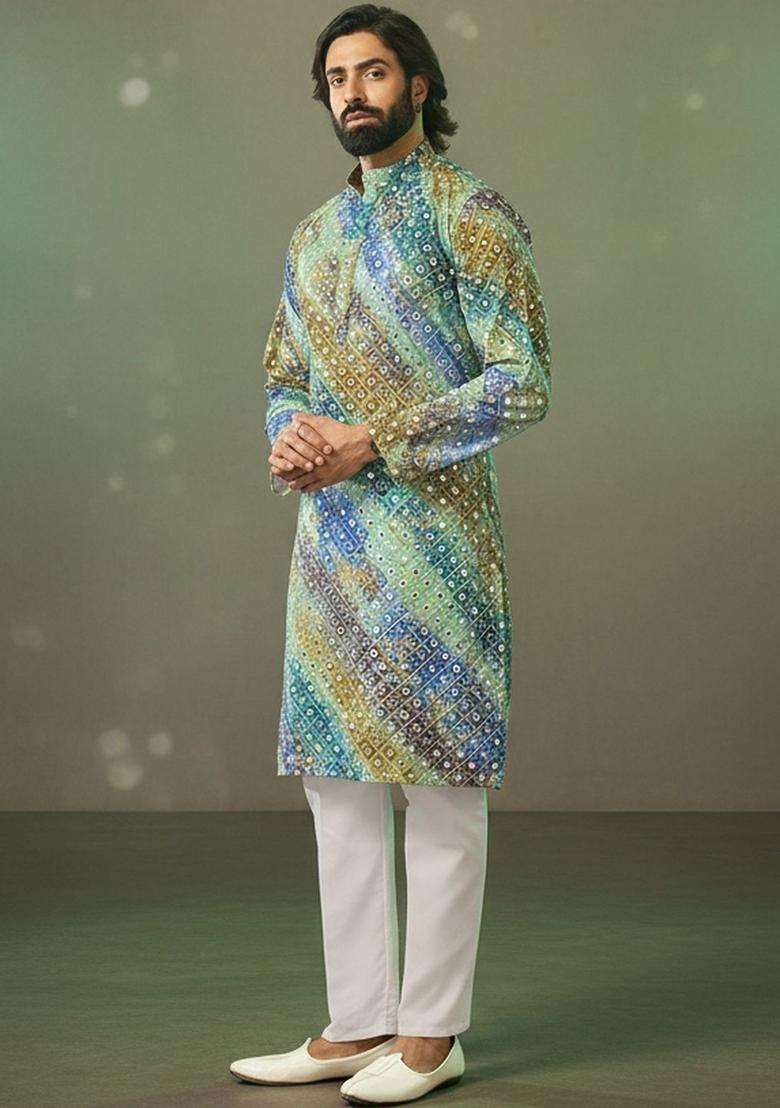 Multi Printed Silk Kurta Set For Men - Indya