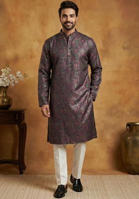 Purple Woven Design Cotton Kurta Set For Men