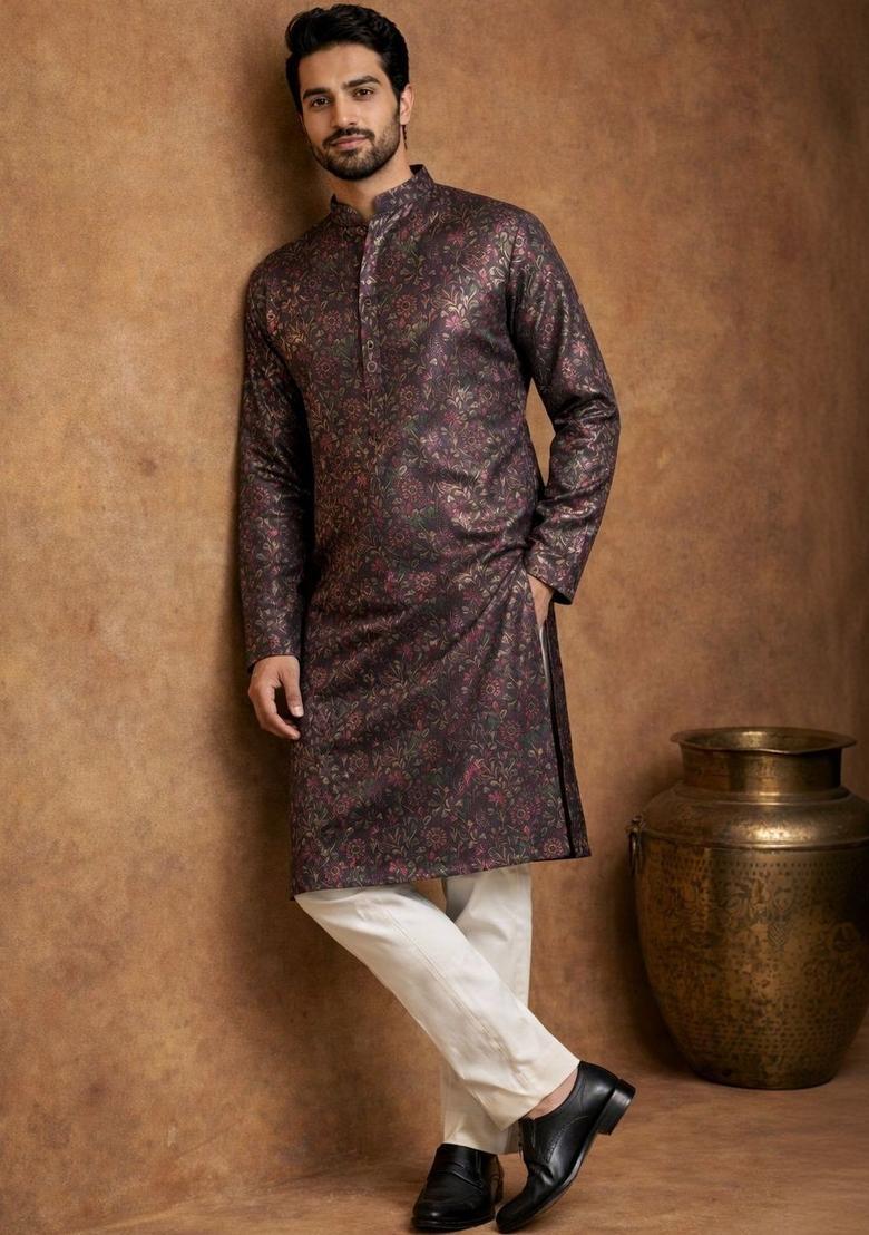 Purple Woven Design Cotton Kurta Set For Men - Indya