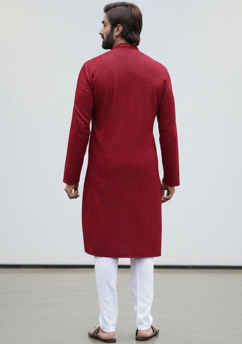 Maroon Embroidered Cotton Kurta Set For Men - Indya