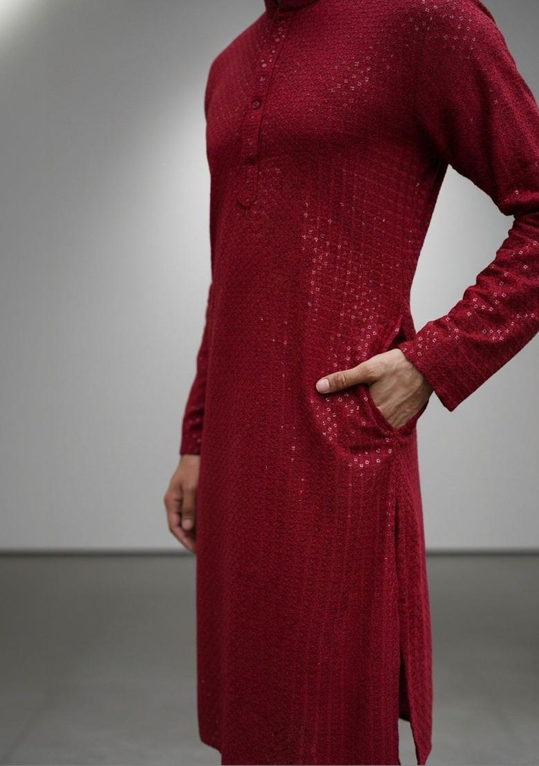 Maroon Embroidered Cotton Kurta Set For Men - Indya