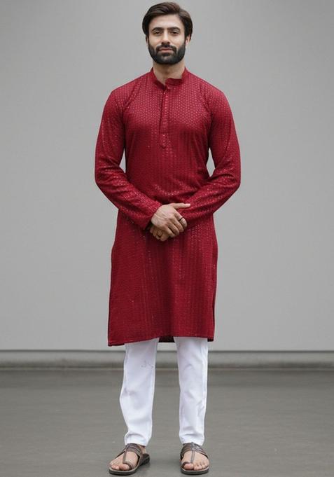 Maroon Embroidered Cotton Kurta Set For Men