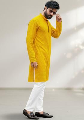 Yellow Self Design Cotton Kurta Set For Men