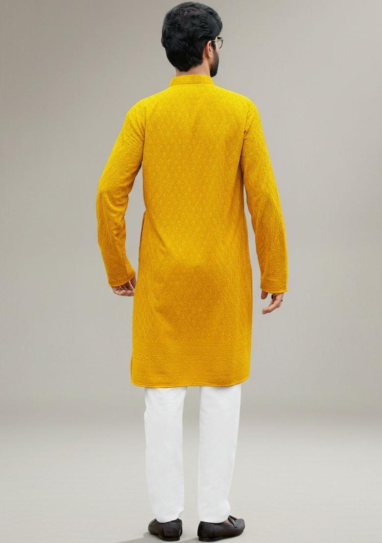 Yellow Self Design Cotton Kurta Set For Men - Indya