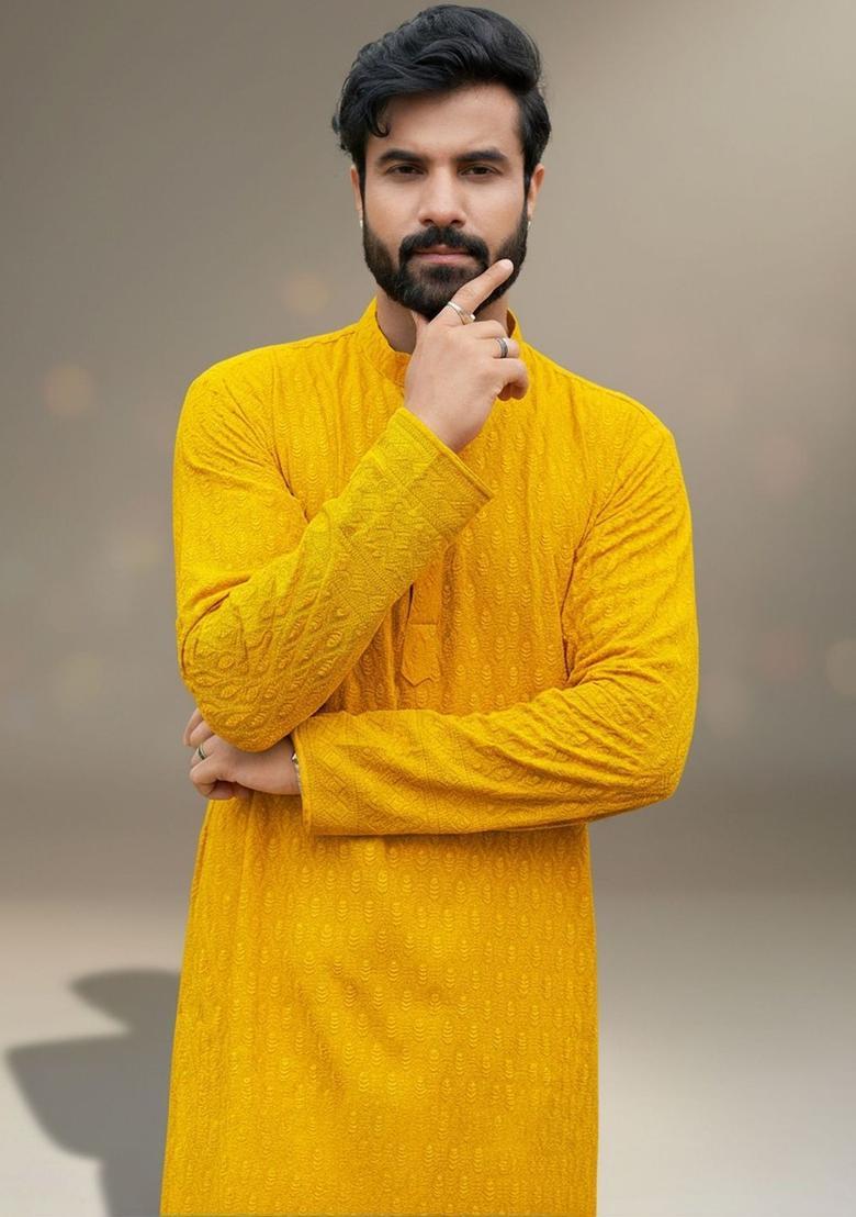 Yellow Self Design Cotton Kurta Set For Men - Indya