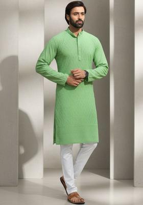 Green Self Design Cotton Kurta Set For Men