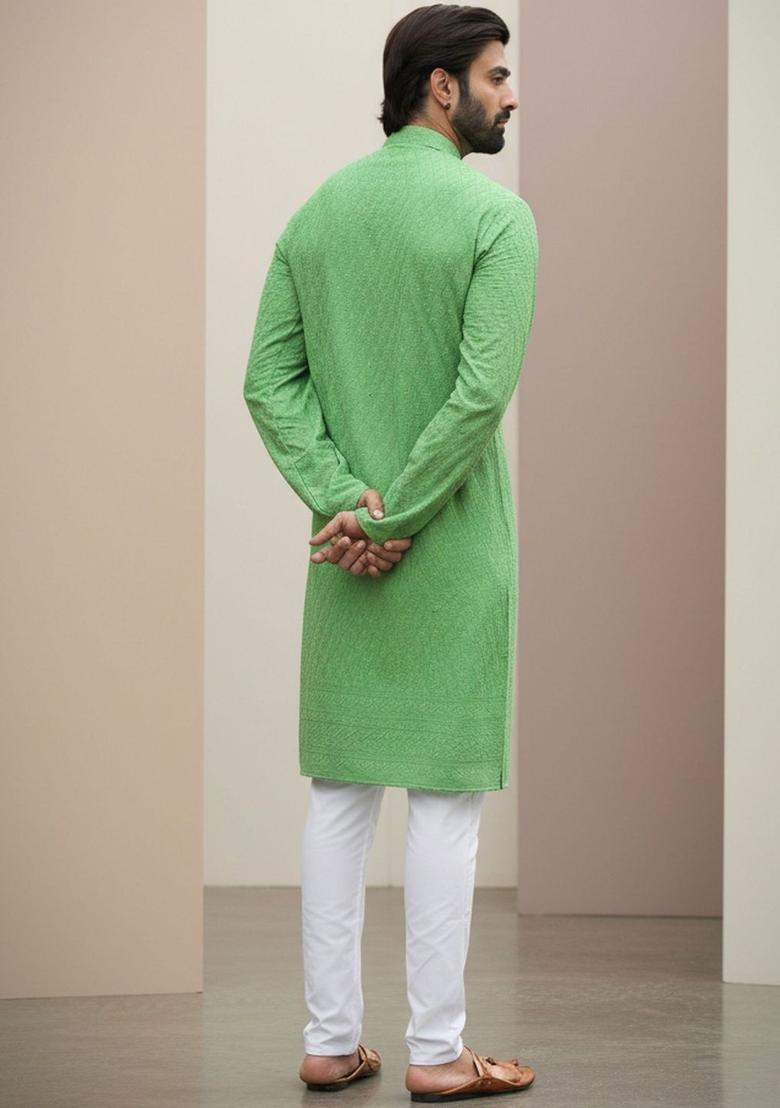 Green Self Design Cotton Kurta Set For Men - Indya