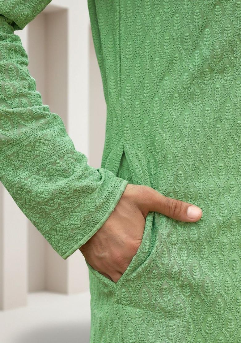 Green Self Design Cotton Kurta Set For Men - Indya