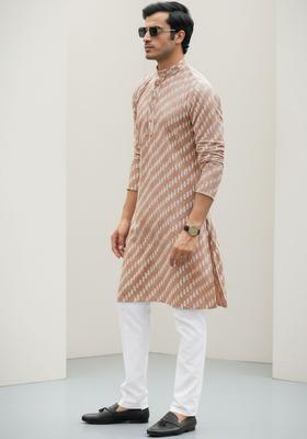 Brown Printed Polyester Kurta Set For Men