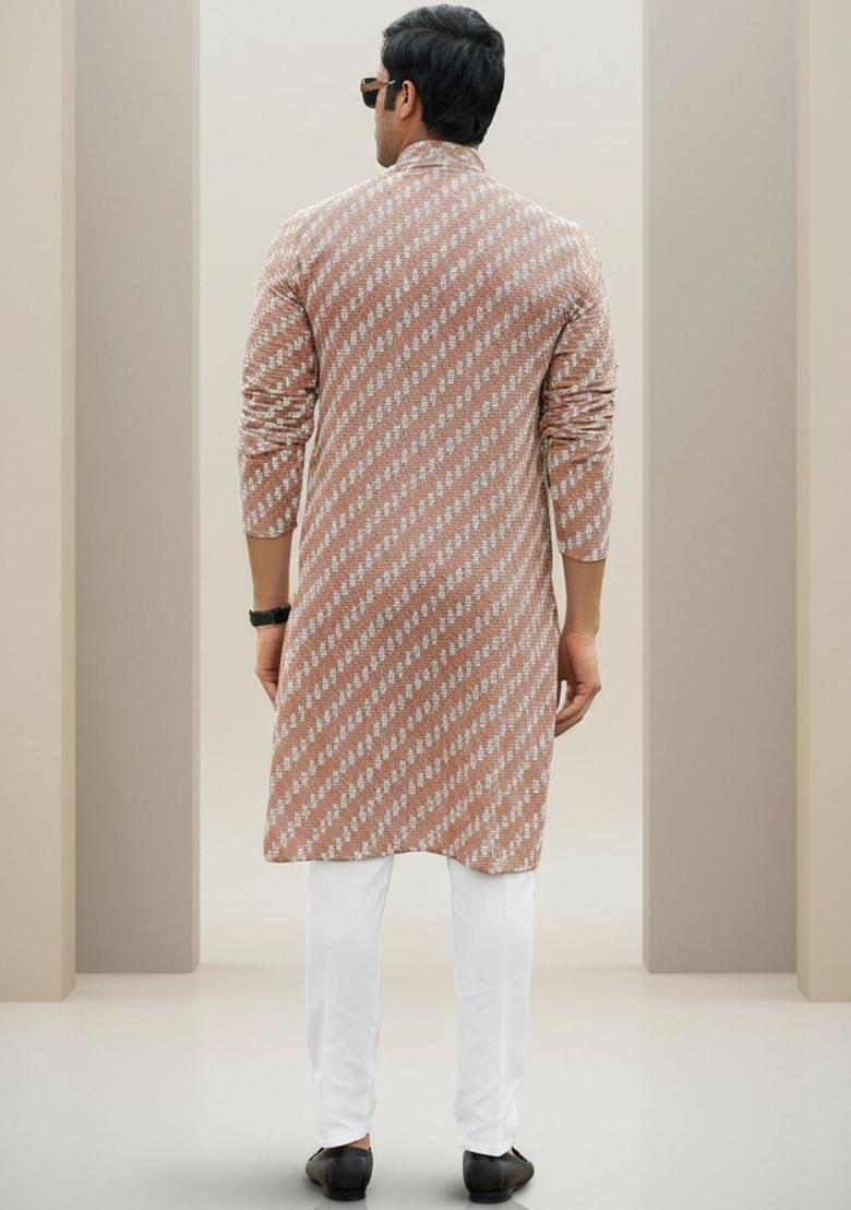 Brown Printed Polyester Kurta Set For Men - Indya