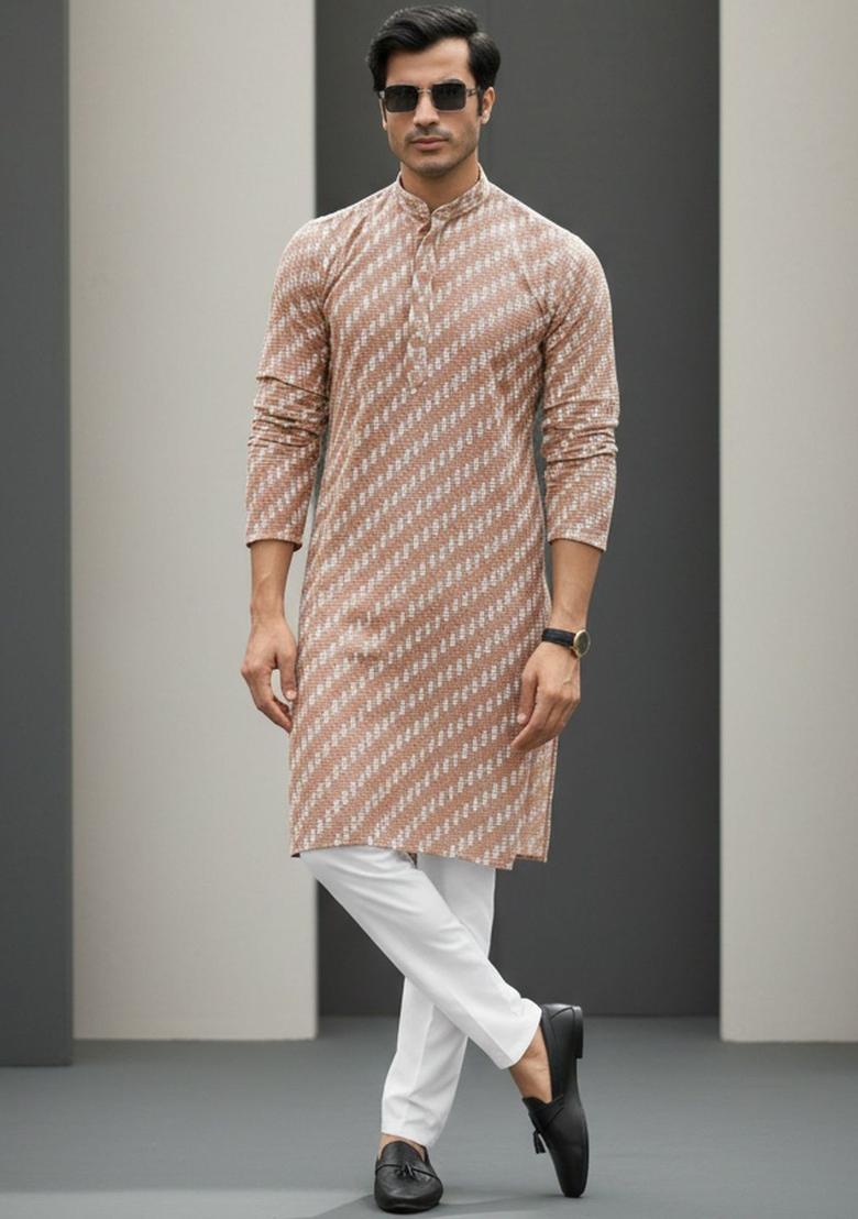 Brown Printed Polyester Kurta Set For Men - Indya