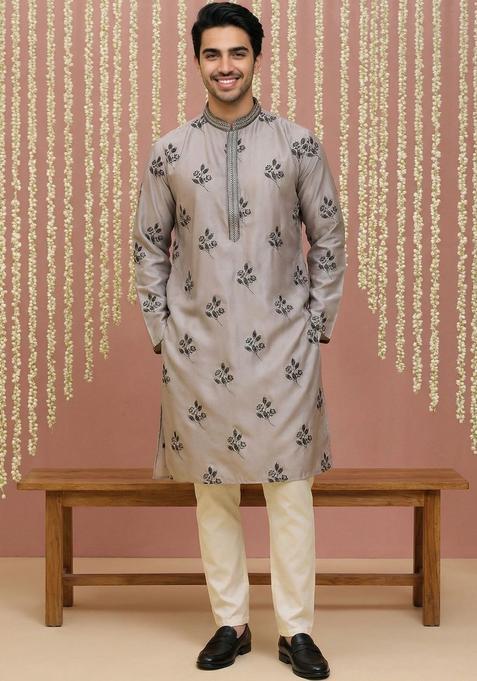 Grey Printed Silk Kurta Set For Men