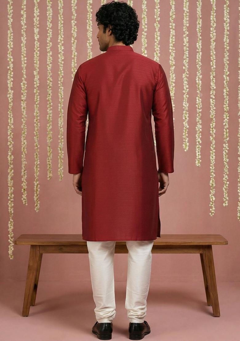 Maroon Solid Silk Kurta Set For Men - Indya