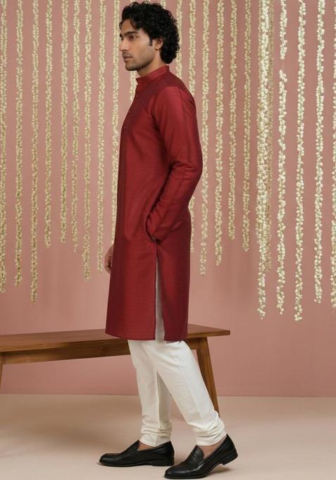 Maroon Solid Silk Kurta Set For Men