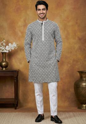 Black Woven Design Cotton Kurta Set For Men