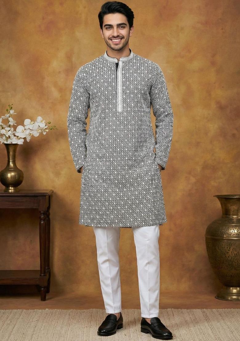 Black Woven Design Cotton Kurta Set For Men - Indya