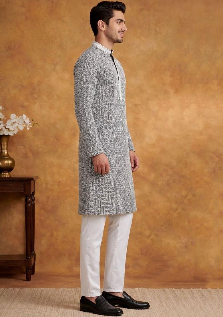 Black Woven Design Cotton Kurta Set For Men - Indya