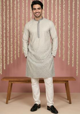 White Self Design Viscose Kurta Set For Men