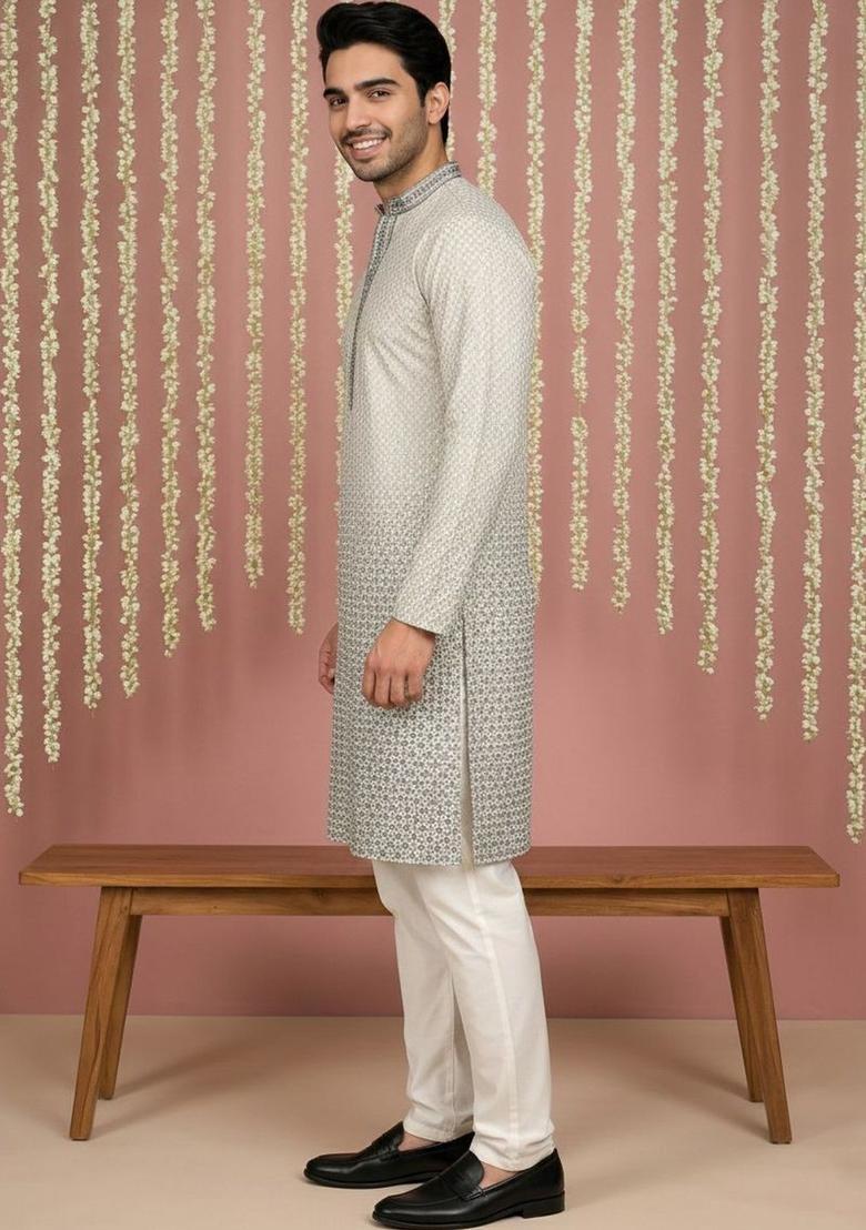White Self Design Viscose Kurta Set For Men - Indya