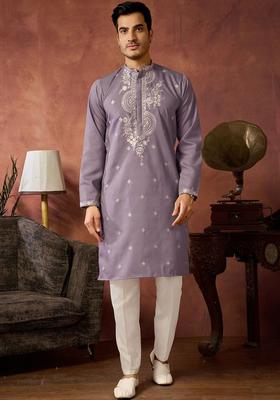 Purple Embroidered Silk Kurta Set For Men