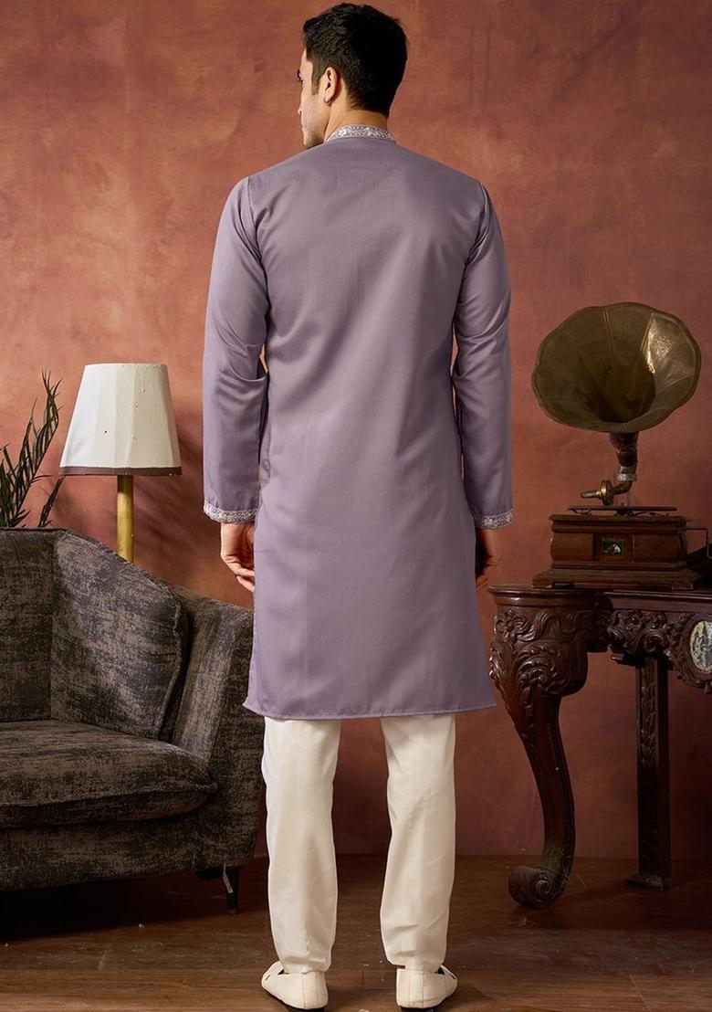 Purple Embroidered Silk Kurta Set For Men - Indya